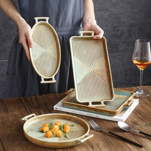 Chinese Kiln Turned Ceramic Plates Retro Binaural Home Restaurant Baking Tray Dessert Pasta Seafood Non-Slip Ceramic Plates
