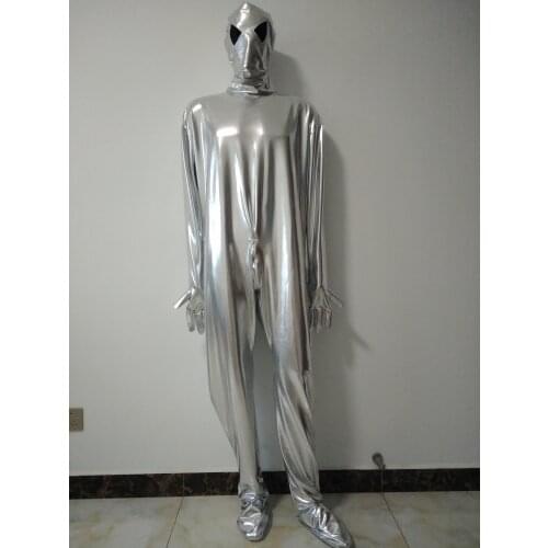 Adults Large size silver colour cosplay Alien Shiny Metallic full bodysuit Fancy Tights Clothing open mesh eyes
