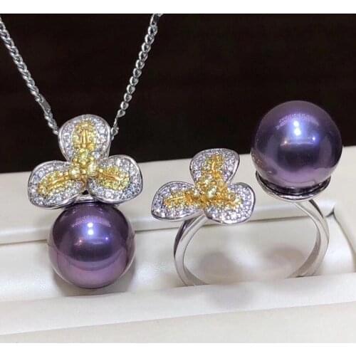 D517 Pearl Set Fine Jewelry 925 Sterling Silver Round 11-12mm Fresh Water Purple Pearls Jewelry Sets for Women Presents