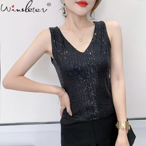 Summer European Style Vest Chic Sexy V-Neck Shiny Beading Women Tops Sleeveless Sequins Solid Bottoming Shirt All Match T15235A