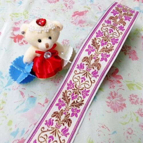 6.6cm 66mm 2-5/8' Floral Ethnic Hot Pink Golden Mercerizing Curtain Laciness National Jacquard Filigree Embroidery Woven Ribbon