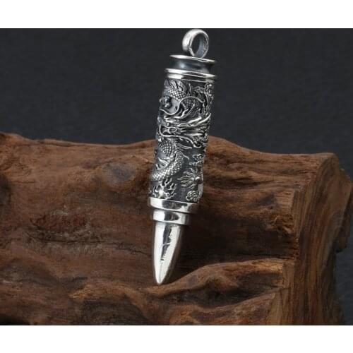 S925 Sterling Silver Vintage Thai silver ancient Bullet Jewelry Dragon Design Punk Mens Memorial Pendant Holder Ash Urn Necklace