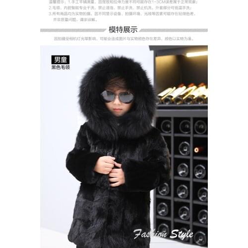 NEW real genuine natural kids mink fur coat with fox fur hood child fashion fur jacket boy black color warm winter outwear