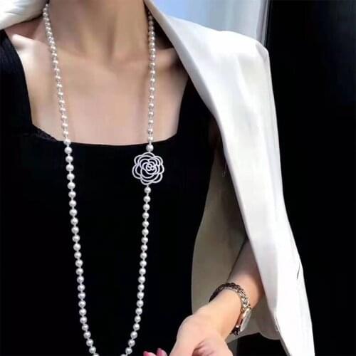 Freshwater Pearl white 7-8mm round Necklace +zircon flower pendant 120cm wholesale for women xmas gift
