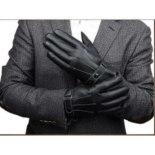 Free Shipping mens outdoor winter Gloves Black Fashion Mens Mittens Button Plus Velvet Windproof Leather