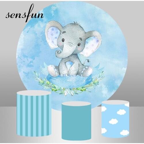 Elephant Baby Shower Newborn Round Backdrops For Photography Blue Boys 1st Birthday Party Backgrounds Plinth Covers Customized