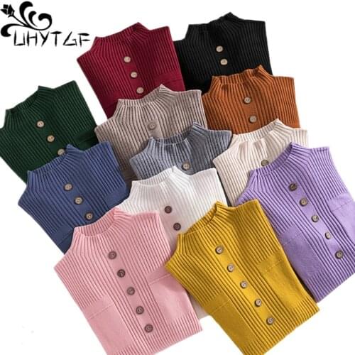 UHYTGF Autumn winter sweater women long Sleeve Knitted pullover Slim Short top female Fashion buttons elegant womens sweater 690