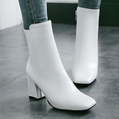 AIWEIYi Ankle Boots for Women PU Leather Zip Square Toe Platform High Heels Shoes Rubber Sole Winter Boots Black Red Lady Shoes