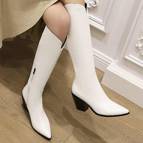 2021 New Ladies Knee Boots Fashion Pointed Mid Heel Boots Ladies Side Zipper Shoes
