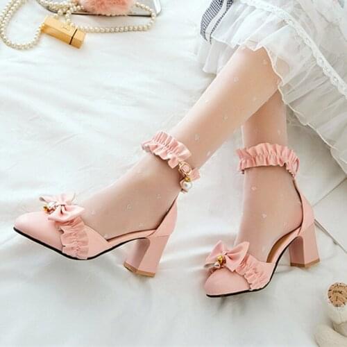 COOLULU Lolita Women Shoes High Heels Bow Thick Heel Ankle Strap Pumps Round Toe Buckle Female Footwear Sweet Spring Big Size 43