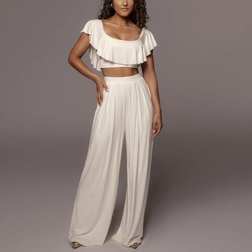 Summer Crop Top Set 2021 New Arrivals White Off The Shoulder Ruffle Top and Pants Women Sets Ladies Loose Trousers Long