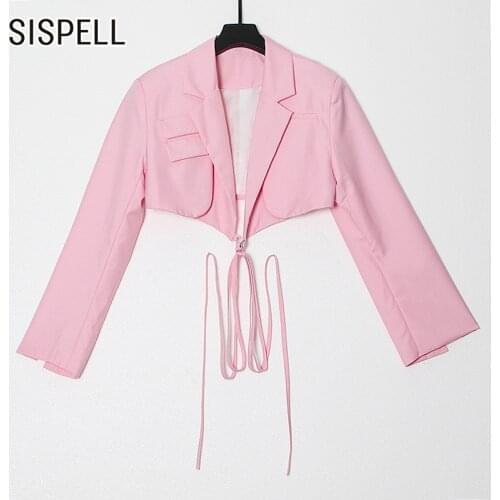 SISPELL Streetwear Sexy Blazer Coat For Female Lapel Collar Long Sleeve Patchwork Strap Cropped Womens Casual Coat Fashion