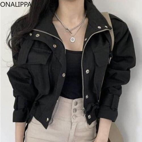 ONALIPPA Short Work Coats Female Korean Chic 2021 Autumn Personality Lapel Zipper Loose Double Pocket Drawstring Waist Jackets