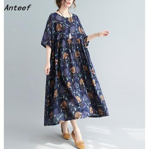 Short sleeve cotton vintage floral dresses for women casual loose long woman summer dress elegant clothes 2021