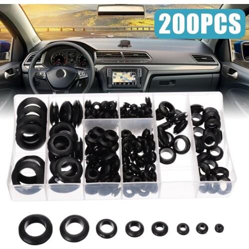 200pcs New Rubber Grommet Assortment Set Black Protection Cable Hole Circlip Washer Kit Electrical Wire Gasket Fasteners