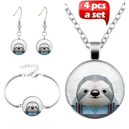 4Pcs/Set Sloth Charm Art Photo Glass Jewelry Set Fashion Choker Necklace Bracelet Earring Jewelry Set for Women Gift Accessories