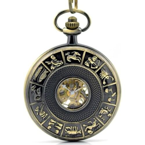 5pc/lot Bronze Vintage Constellation Hollow Engraved Automatic Mechanical Pocket Watch Luxury Men Women Fob Chain Clock