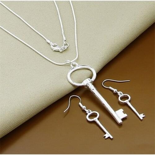 925 Sterling Silver Jewelry Set Fashion Heart Round Key Pendant Snake Chain Necklace Key Earring Set Wedding Party Gift