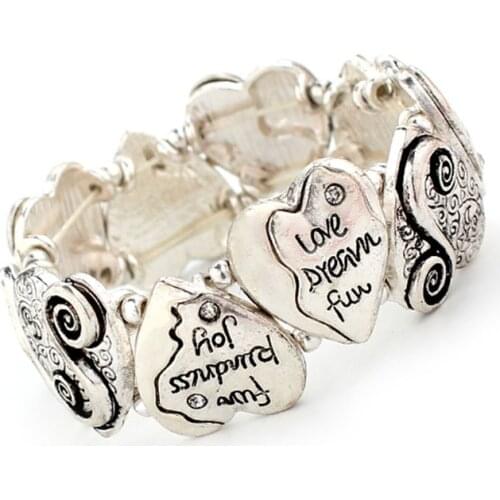 Ins Vintage Heart Love Dreams Fun Joy Hope Letters Elastic Bracelets Bohemia Women Party Hiphop Rock Jewelry Bracelet