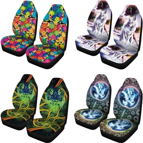 Black Dirty Proof Car Seat Covers Bohemian Wolf Print Saddle Blanket Cover for Front Seats 2piece Set Volkswagen Toyota