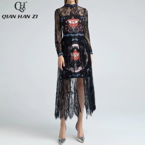 Qian Han Zi designer fashion vintage dress Womens long sleeves pattern Printed Patchwork lace Holiday split long dress