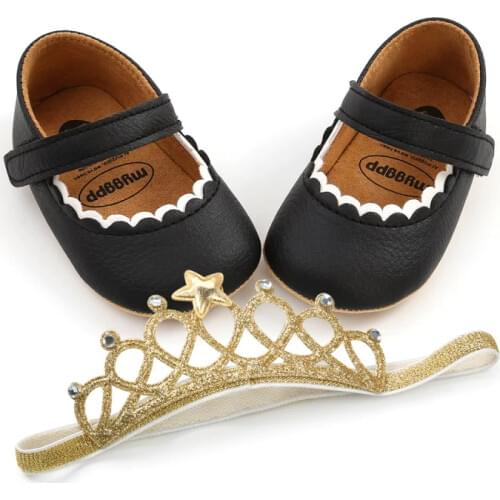 Baby Girl Cute PU Shoes Infant Spring Autumn Soft-soled Non-slip Toddler Shoe+Princess Hair Band Baby Birthday Party First Walke
