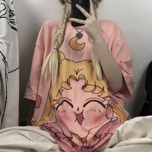 Sweet Girl Print Oversize T-Shirts Women Harajuku Boyfriend Style Summer Streetwear Funny Cartoon Short Sleeve Tees Top 2021