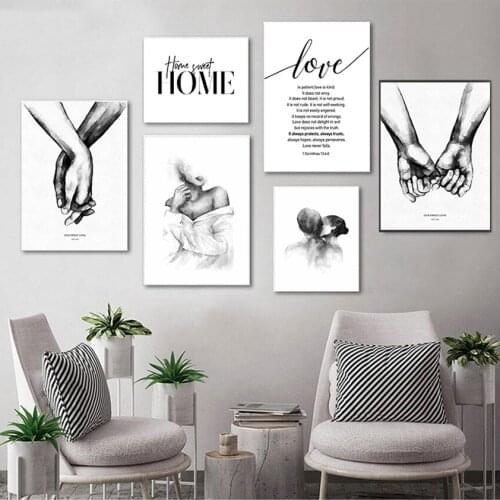 Love Quotes Painting Picture for Living Room Decor Nordic Black White Shoulder Kiss Hand Wall Art Canvas Poster Minimalist Print