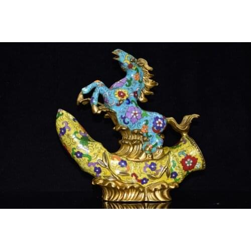 11"Chinese Folk Collection Old Bronze Cloisonne Horse statue Steed Horse riding Bamboo joint Ornaments Town House Exorcism