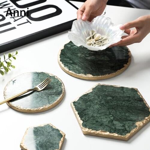 Nordic Natural Marble Plates Creativity Gold Inlay Display Trays Afternoon Tea Dessert Plate Jewelry Necklace Emerald Color Tray