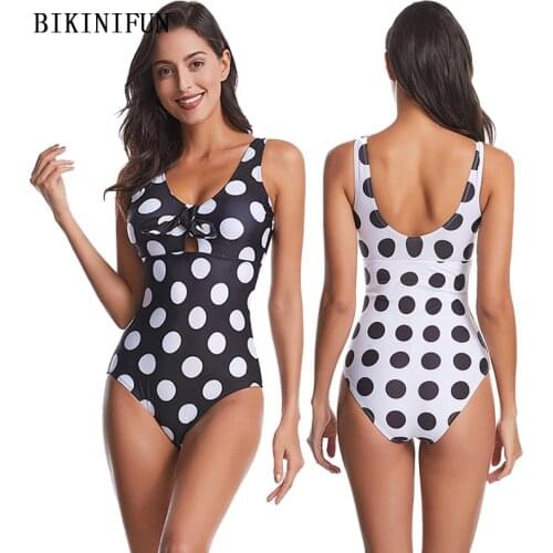 2020 New Front Bow Knot Swimsuit Women Scoop Neck One Piece Suit Pullover Bathing Suit S-2XL Girl Polka Dot Swimwear Monokini