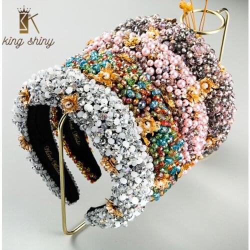 Gorgeous Baroque Full Crystal Padded Headband Hand Made Metal Flower Thick Sponge Hair Hoop Woman Wedding Party Hair Accessories