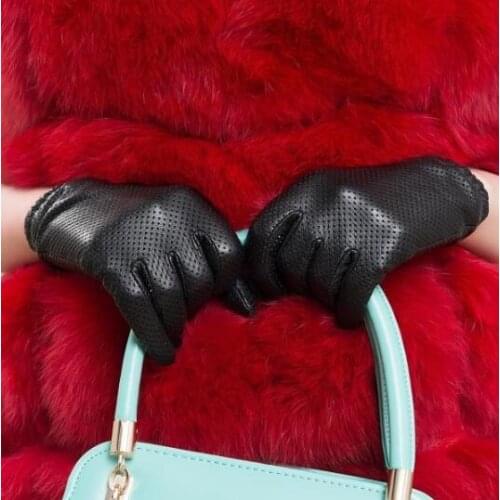 Womens genuine leather Black Color Mesh Hole Gloves Female Natural Sheepskin Leather breathable Motorcycle Driving Glove R796