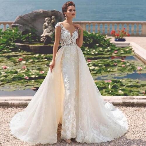 Luxury Full Lace Mermaid Wedding Dress with Detachable Train Elegant Scoop Neck Appliques Vintage Wedding Bridal Gowns