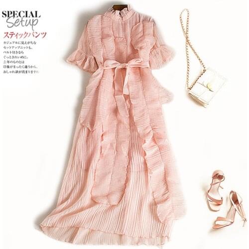 Wrinkled Design Good Quality Chiffon Dress Long One Piece Ruched Ruffles Dreamy Lady Robe Longue Vestido Largo