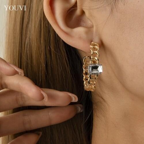 YOUVI Modern Goth Chains Hoop Earrings for Women Shiny Crystal Earrings 2021 Trend Circle Hoops Piercing Earrings Jewelry Charms