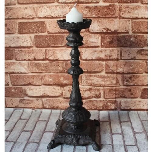 Antique Black Large Cast Iron Candle Holder With Square Standing Base European Country Accents Handmade Home Table Decor Piece