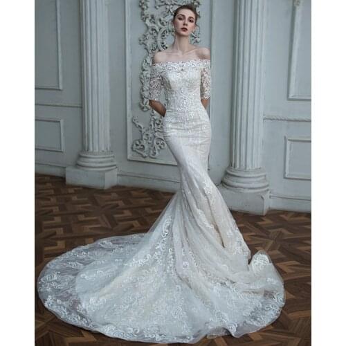 Vestidos De Novia Mermaid Wedding Dress Half Sleeve Abito Da Sposa Boat Neck Princess Gelinlik Beading Pearls Hochzeitskleid