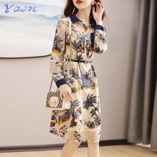 YQJRE 2021 Fall New Casual Long Sleeve Belt Square Collar Office OL Printed Dress