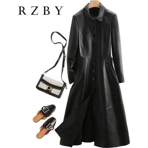 100% Real Sheepskin Jaqueta De Couro Feminina Women Genuine Leather Long Coat With Pockets Trendy кожаная куртка женская RZBY606