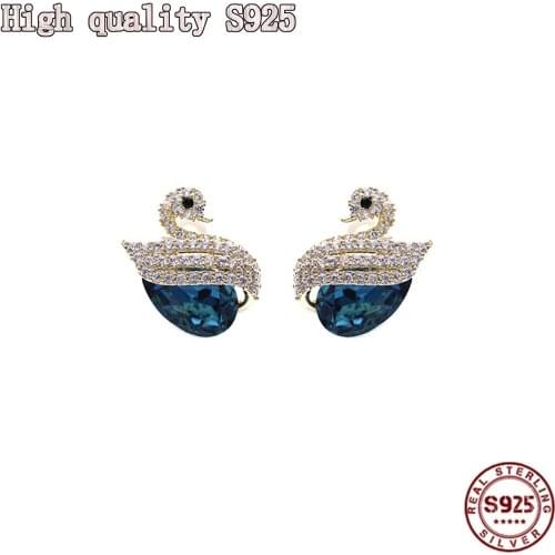 High Quality S925 Silver Blue Crystal Temperament Swan Charm Lady Earrings Fashion Jewelry Wholesale Earrings for Women