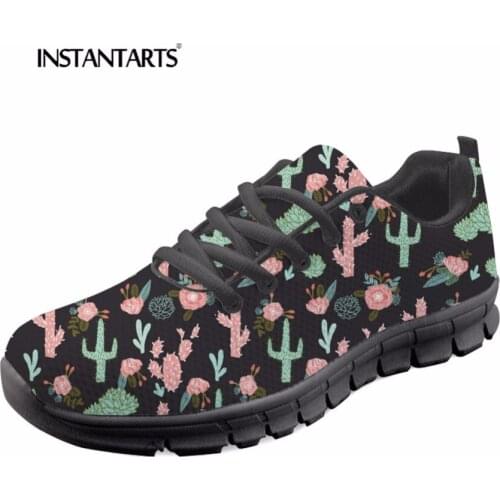 INSTANTARTS Cute Cartoon Flats Shoes Women Fashion Casual Lace Up Flats Cactus Flowers Pattern Women Breathable Mesh Sneakers