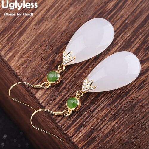 Uglyless Elegant Lady Evening Dress Water Drop Earrings Natural Jade Gemstone Earrings Gold Real 925 Silver Brincos Bijoux E1432