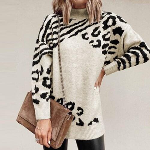 2021 Autumn Turtleneck Leopard Print Knitted Sweater Women Long Sleeve Patchwork Top Pullover Winter Casual Loose Sweater Jumper
