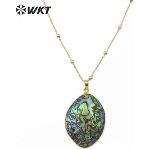 WT-JN080 Abalone Shell Necklace Egg Shape Paua Shell Gold Trim Pendant Coloful Sea Shell Jewelry For Women Fashion Necklace