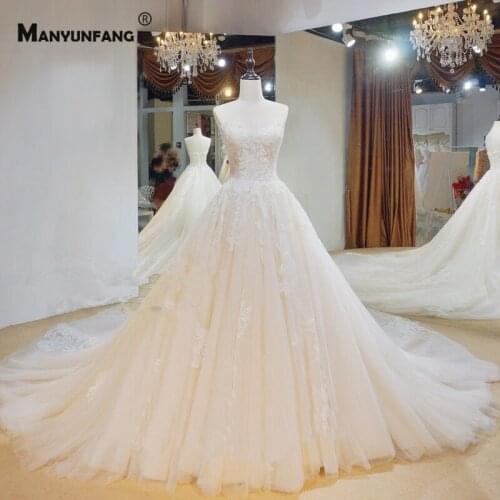 100% Real Embroidery Appliques Tulle Chapel Train Strapless Wedding Dress Luxury Sleeveless Lace Up Back Bridal Ball Gown