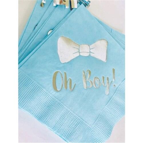 50 Personalised Oh Boy Baby Pastel Blue Napkins w/ Metallic Silver Foil Cocktail Beverage Baby Shower Bowtie Bow Tie SHIPS in 24