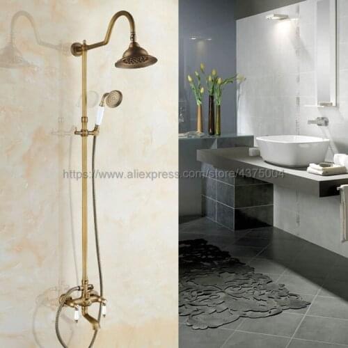 Antique Brass Wall Mount 7" Rain Shower Faucet Set Dual Handles Swivel Tub Spout Bath Shower Mixers + Handshower Nan806
