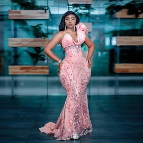Aso Ebi Pink One Shoulder Plus Size Evening Gowns Appliques Beads Prom Dresses Saudi Arabia Robe Mermaid Party Dress