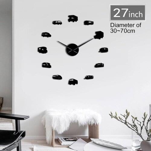 Frameless DIY Large Wall Clock Vehicle Truck Transportation Bus Car 3D Mirror Effect Contemporary Boys Bedroom Decor Time Clock